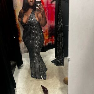 AKIRA Black Sequin Plunging Halter Maxi Dress